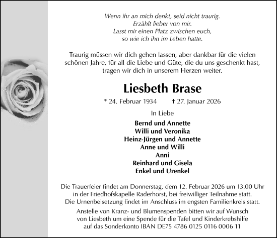 Traueranzeige von Liesbeth Brase von Schaumburger Nachrichten