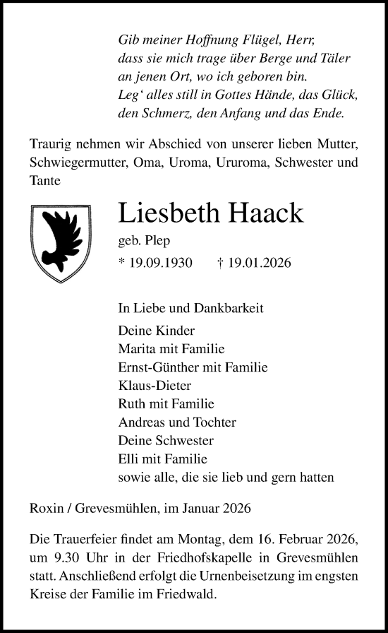 Traueranzeige von Liesbeth Haack von Ostsee-Zeitung GmbH