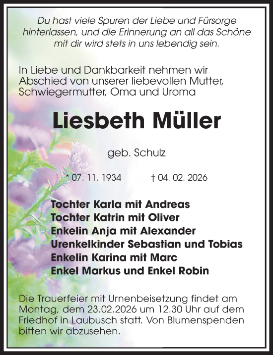 Traueranzeige von Liesbeth Müller von Sächsische Zeitung