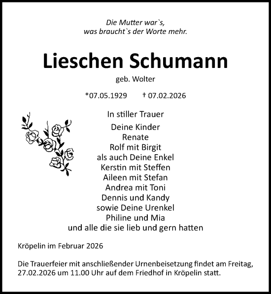 Traueranzeige von Lieschen Schumann von Ostsee-Zeitung GmbH