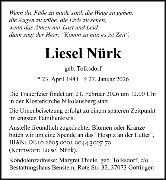 Traueranzeige von Liesel Nürk von Göttinger Tageblatt