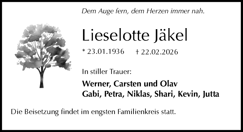  Traueranzeige für Lieselotte Jäkel vom 28.02.2026 aus Die Harke