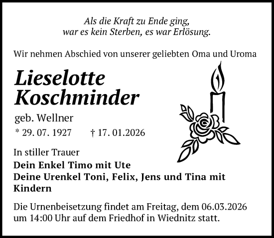 Traueranzeige von Lieselotte Koschminder von Sächsische Zeitung
