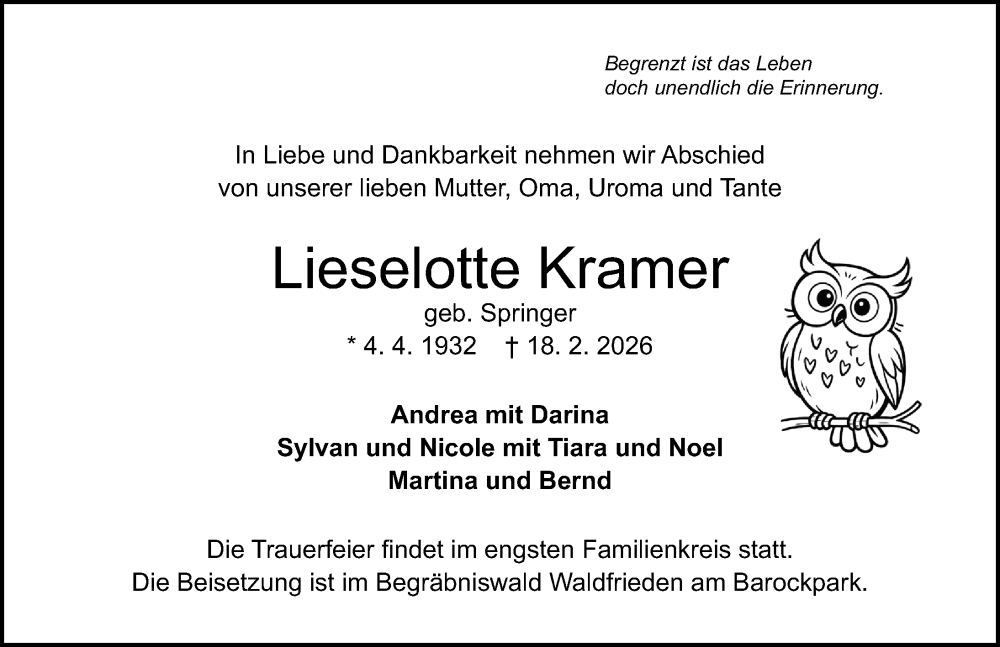  Traueranzeige für Lieselotte Kramer vom 22.02.2026 aus Lübecker Nachrichten