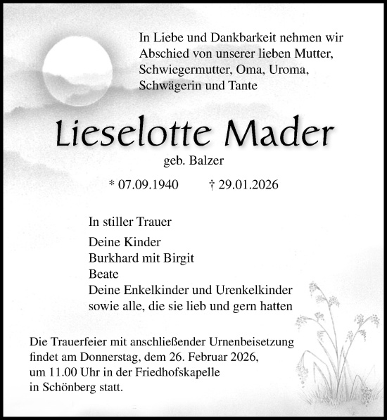 Traueranzeige von Lieselotte Mader von Ostsee-Zeitung GmbH