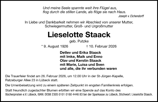 Traueranzeige von Lieselotte Staack von Lübecker Nachrichten
