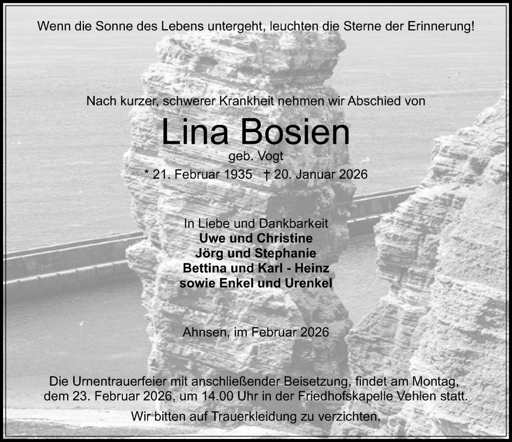  Traueranzeige für Lina Bosien vom 14.02.2026 aus Schaumburger Nachrichten