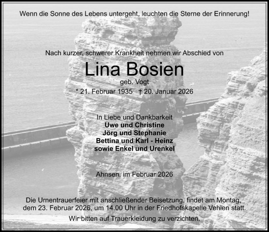 Traueranzeige von Lina Bosien von Schaumburger Nachrichten