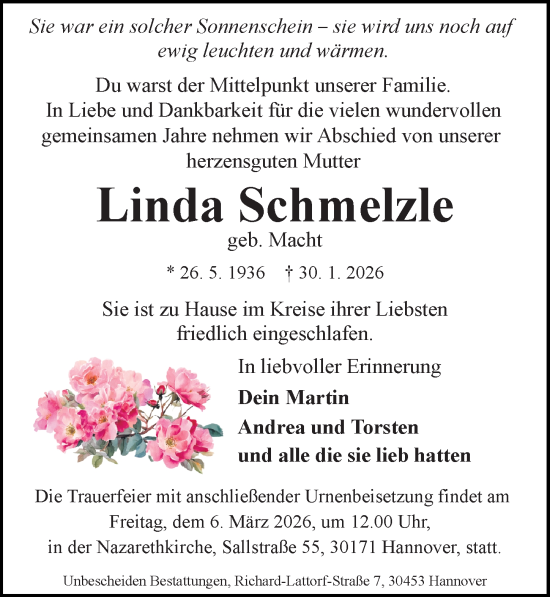 Traueranzeige von Linda Schmelzle von Hannoversche Allgemeine Zeitung/Neue Presse