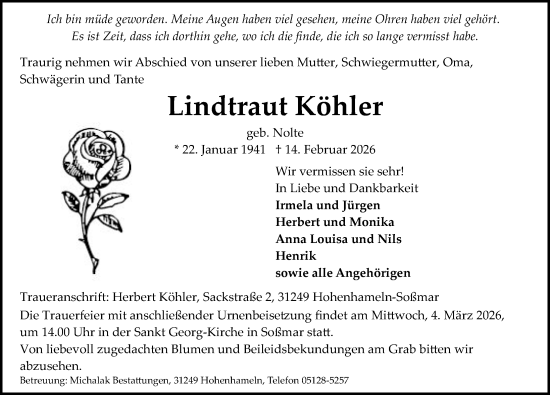 Traueranzeige von Lindtraut Köhler von Peiner Allgemeine Zeitung