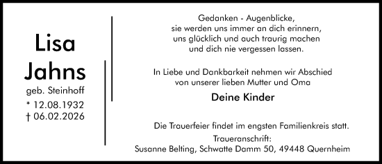 Traueranzeige von Lisa Jahns von Aller Zeitung