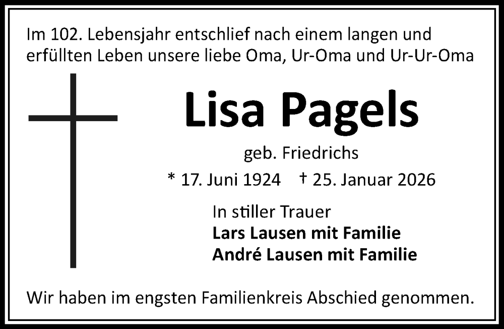  Traueranzeige für Lisa Pagels vom 01.02.2026 aus Lübecker Nachrichten
