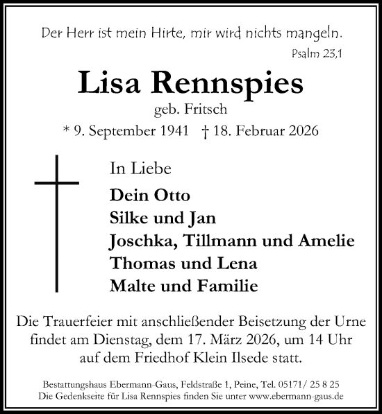 Traueranzeige von Lisa Rennspies von Peiner Allgemeine Zeitung