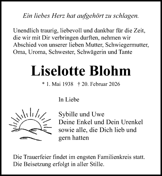 Traueranzeige von Liselotte Blohm von Ostsee-Zeitung GmbH