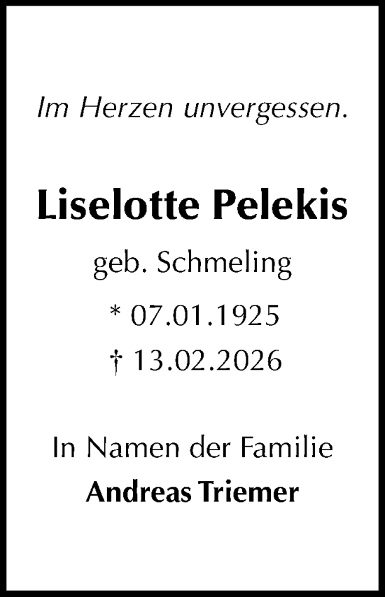 Traueranzeige von Liselotte Pelekis von Lübecker Nachrichten