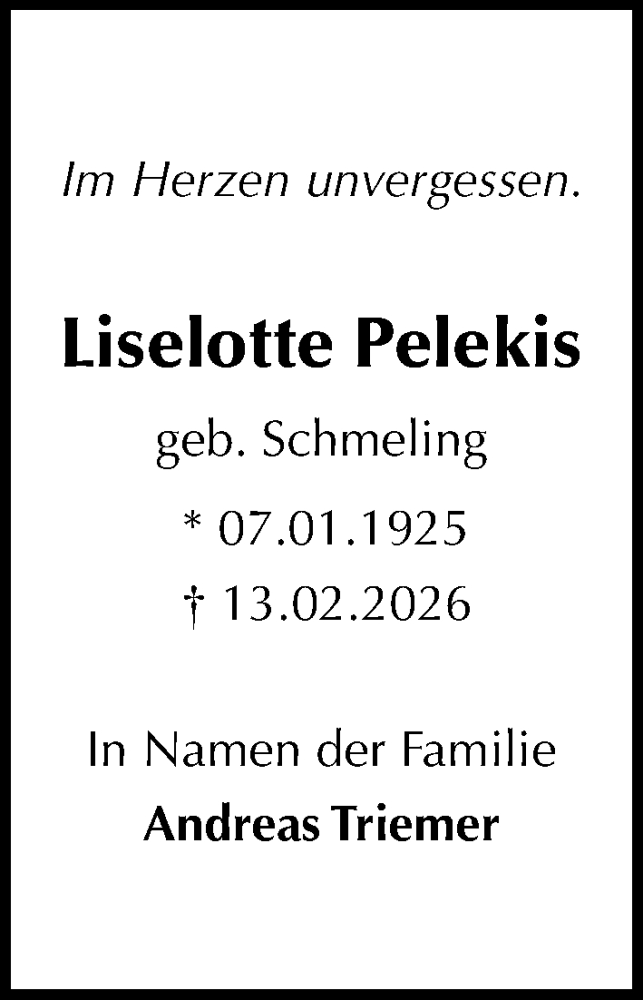  Traueranzeige für Liselotte Pelekis vom 22.02.2026 aus Lübecker Nachrichten