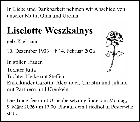 Traueranzeige von Liselotte Weszkalnys von Sächsische Zeitung