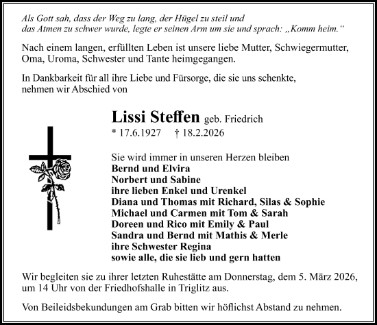 Traueranzeige von Lissi Steffen von Wochenspiegel