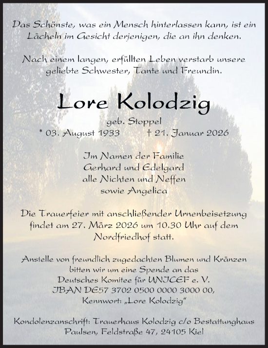 Traueranzeige von Lore Kolodzig von Kieler Nachrichten