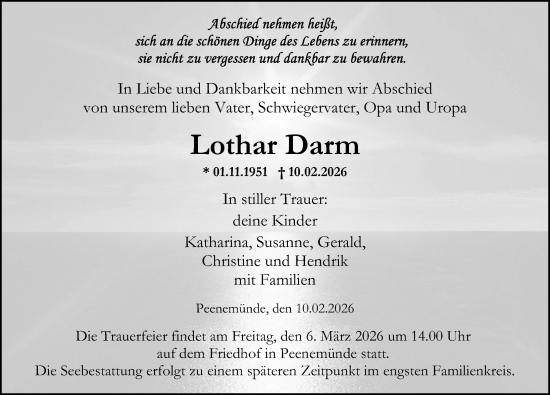 Traueranzeige von Lothar Darm von Ostsee-Zeitung GmbH