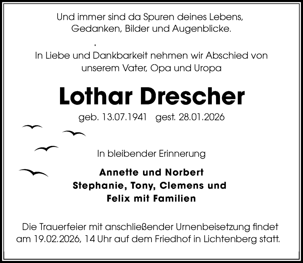 Traueranzeige für Lothar Drescher vom 13.02.2026 aus Sächsische Zeitung