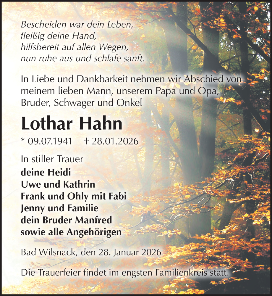  Traueranzeige für Lothar Hahn vom 07.02.2026 aus Wochenspiegel