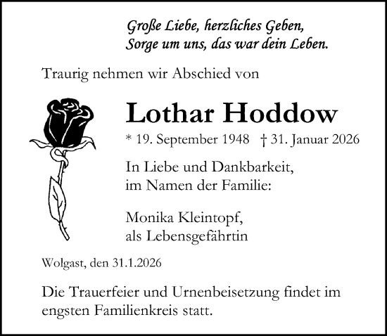 Traueranzeige von Lothar Hoddow von Ostsee-Zeitung GmbH