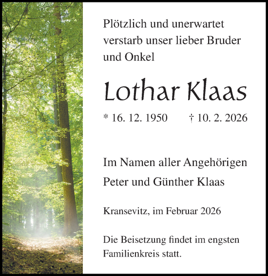 Traueranzeige von Lothar Klaas von Ostsee-Zeitung GmbH