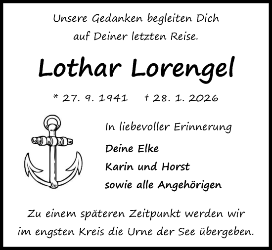 Traueranzeige von Lothar Lorengel von Kieler Nachrichten
