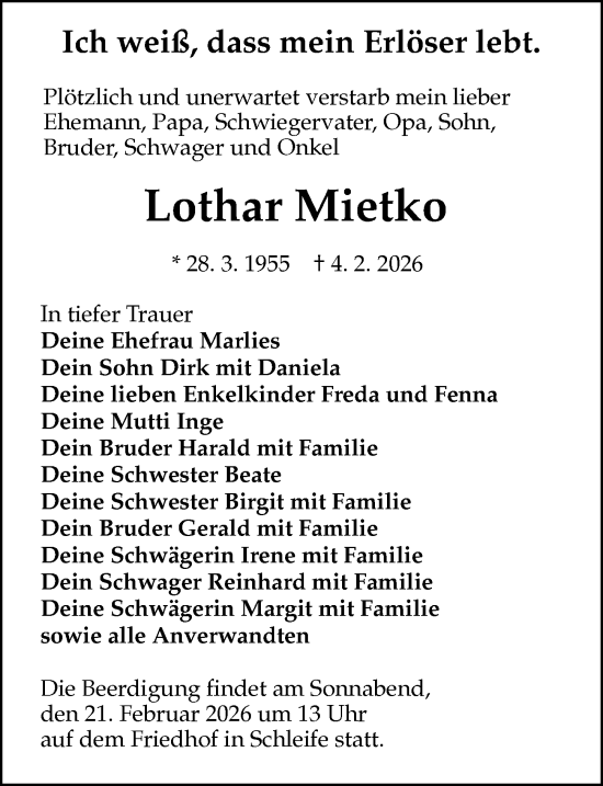 Traueranzeige von Lothar Mietko von Sächsische Zeitung