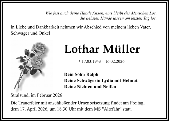 Traueranzeige von Lothar Müller von Ostsee-Zeitung GmbH