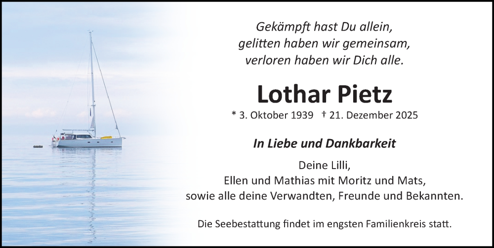  Traueranzeige für Lothar Pietz vom 07.02.2026 aus Ostsee-Zeitung GmbH
