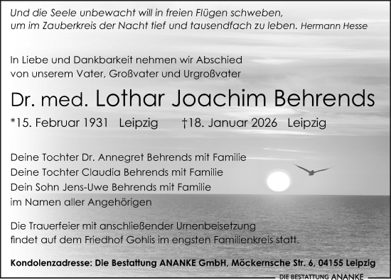 Traueranzeige von Lothar Joachim Behrends von Leipziger Volkszeitung