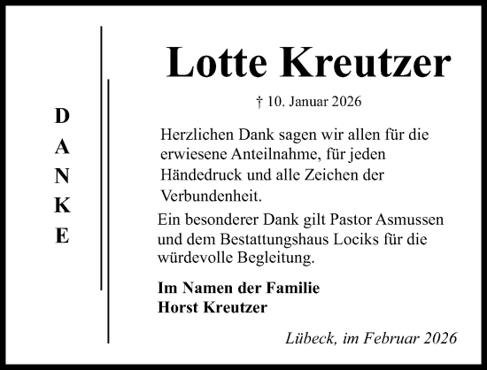 Traueranzeige von Lotte Kreutzer von Lübecker Nachrichten