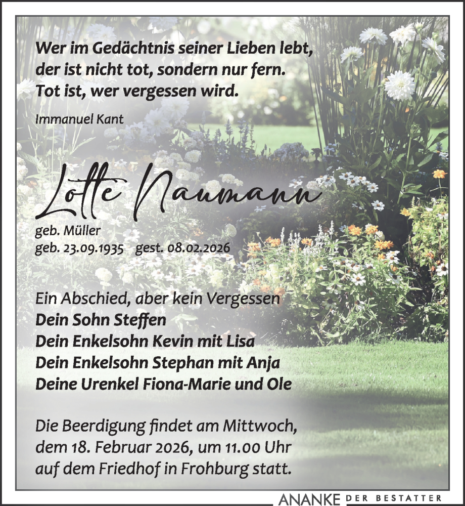  Traueranzeige für Lotte Naumann vom 14.02.2026 aus Leipziger Volkszeitung