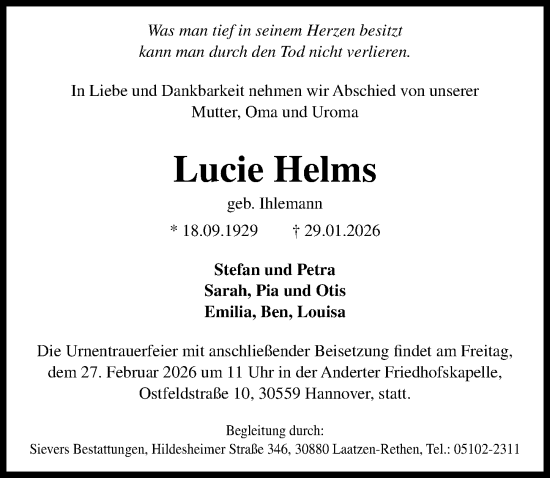 Traueranzeige von Lucie Helms von Hannoversche Allgemeine Zeitung/Neue Presse