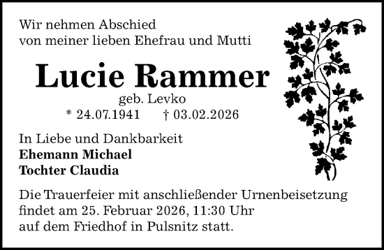 Traueranzeige von Lucie Rammer von Sächsische Zeitung