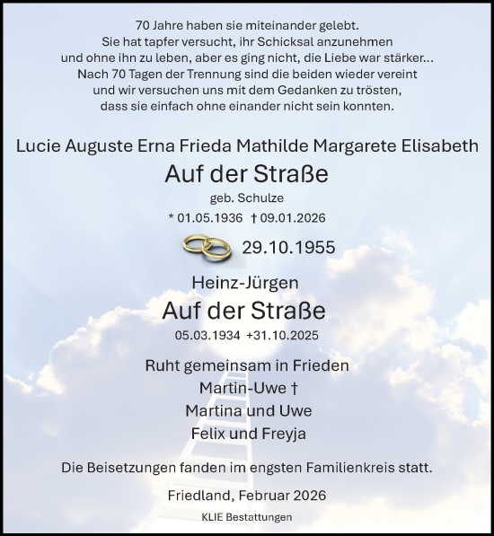 Traueranzeige von Lucie Auguste Erna Frieda Mathilde Margarete Elisabeth Auf der Straße von Göttinger Tageblatt