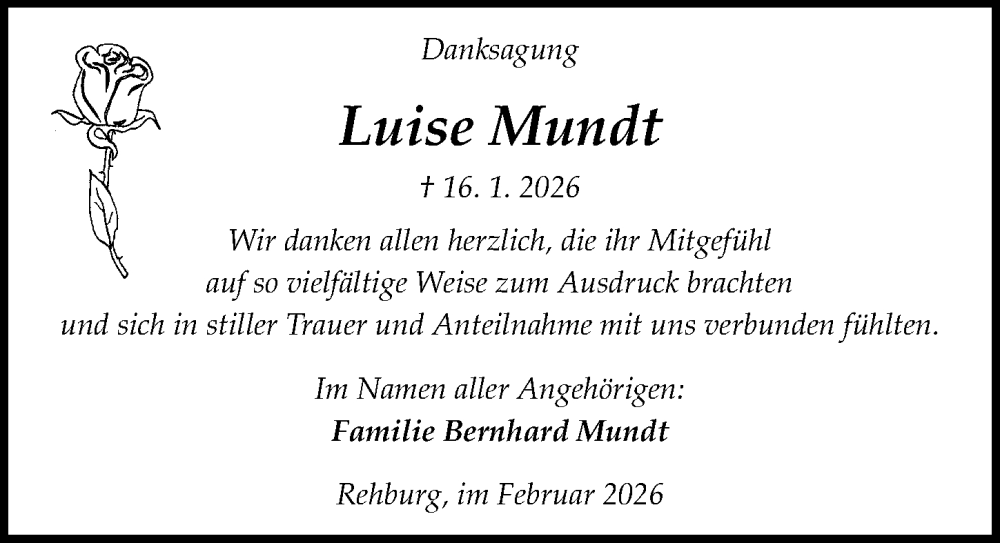  Traueranzeige für Luise Mundt vom 07.02.2026 aus Die Harke