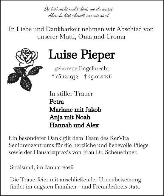 Traueranzeige von Luise Pieper von Ostsee-Zeitung GmbH
