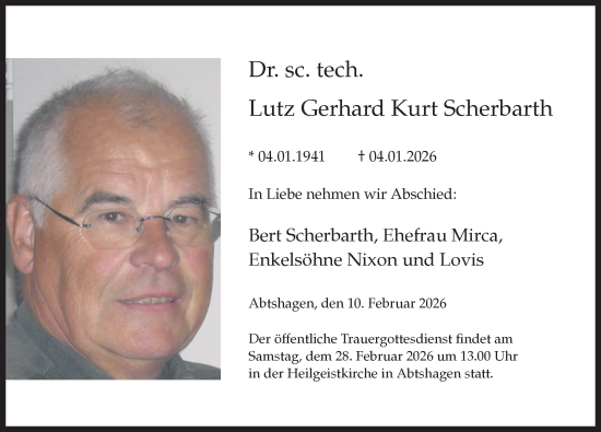 Traueranzeige von Lutz Gerhard Kurt Scherbarth von Ostsee-Zeitung GmbH