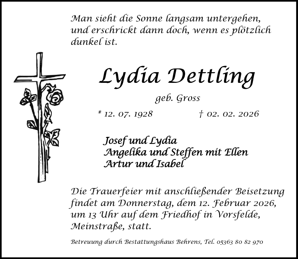  Traueranzeige für Lydia Dettling vom 07.02.2026 aus Aller Zeitung