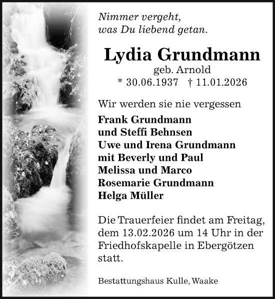 Traueranzeige von Lydia Grundmann von Göttinger Tageblatt