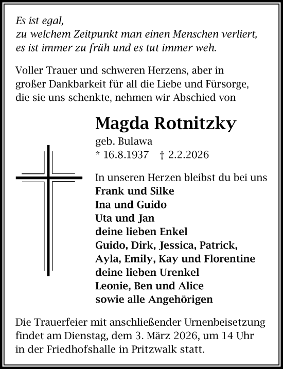 Traueranzeige von Magda Rotnitzky von Wochenspiegel