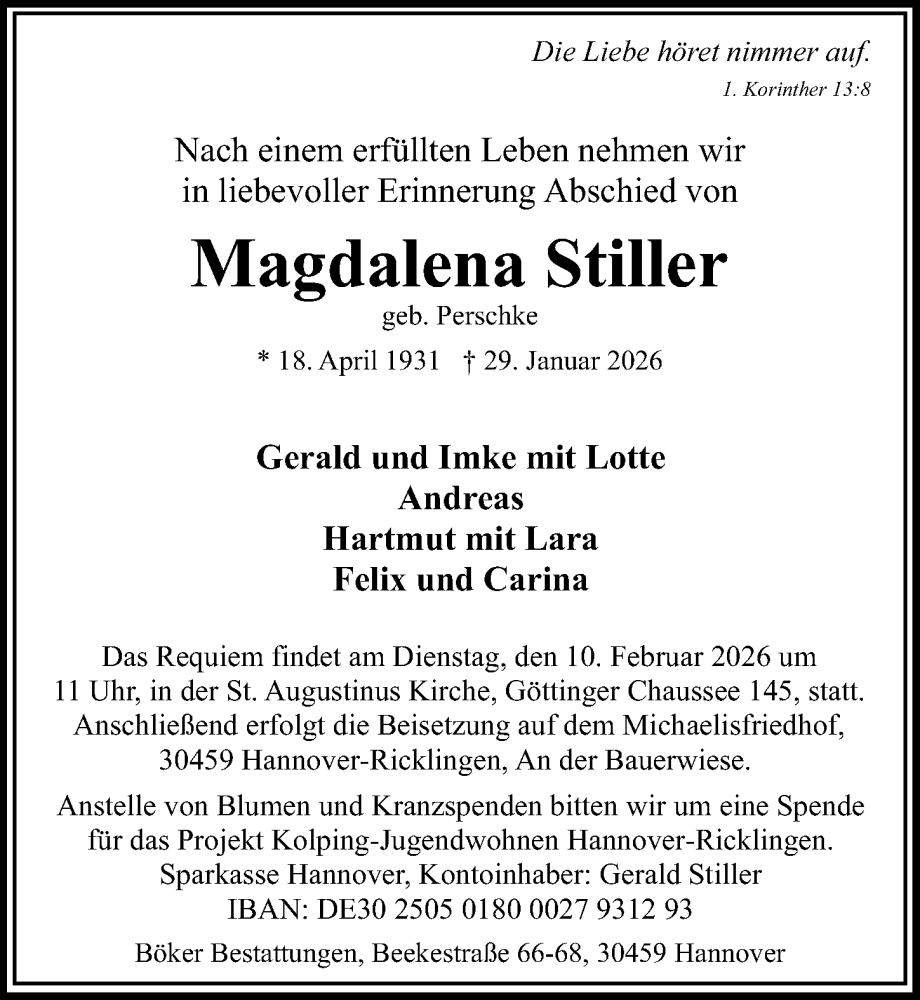  Traueranzeige für Magdalena Stiller vom 07.02.2026 aus Hannoversche Allgemeine Zeitung/Neue Presse