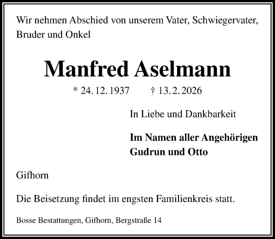 Traueranzeige von Manfred Aselmann von Aller Zeitung
