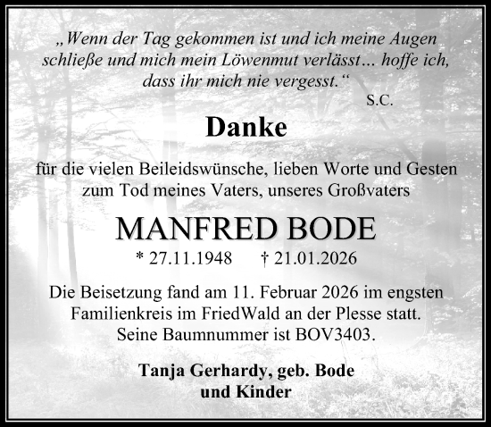 Traueranzeige von Manfred Bode von Eichsfelder Tageblatt