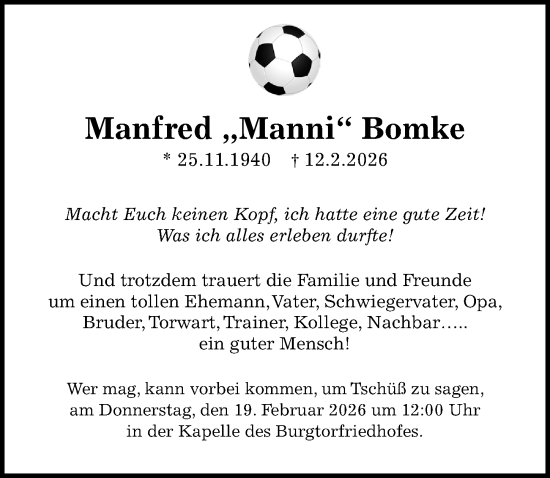 Traueranzeige von Manfred Bomke von Lübecker Nachrichten