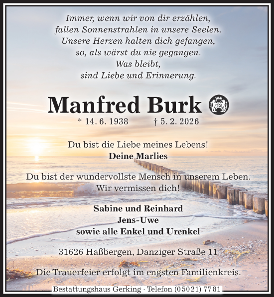 Traueranzeige von Manfred Burk von Die Harke