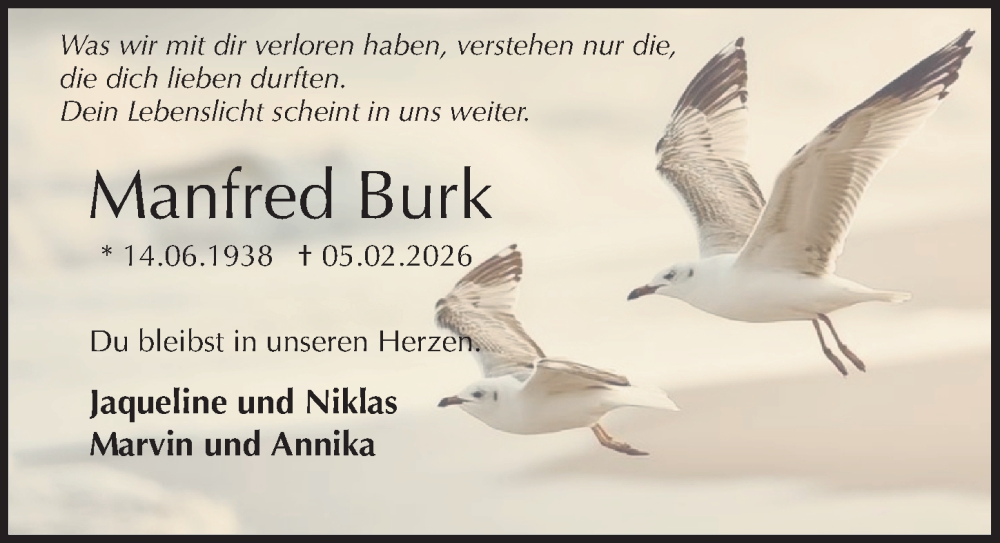  Traueranzeige für Manfred Burk vom 14.02.2026 aus Die Harke